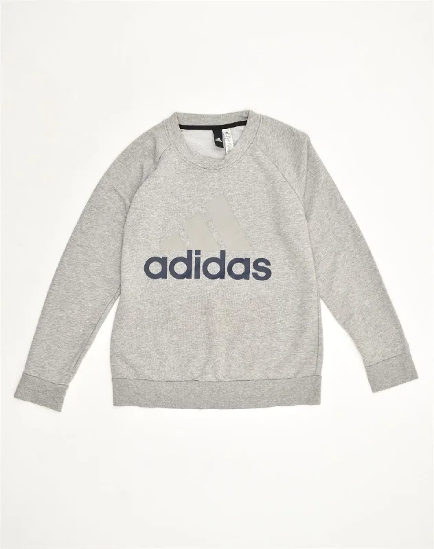 ADIDAS Womens Graphic Sweatshirt Jumper UK 12-14 Medium Grey Cotton Hoodie with Hem Lace Feminine Delicate