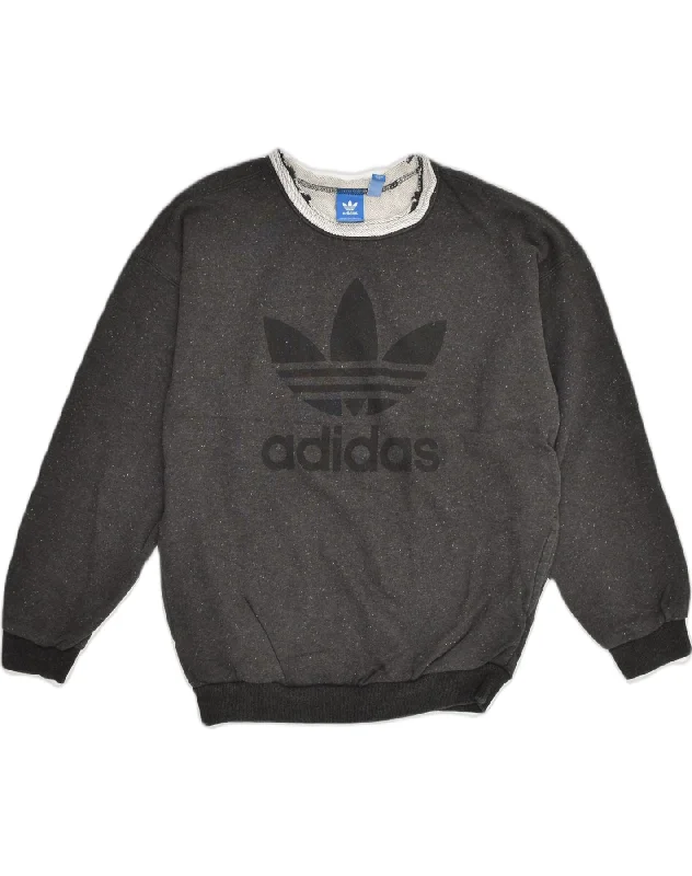 ADIDAS Womens Graphic Sweatshirt Jumper UK 6 XS Grey Cotton Hoodie with Hem Patch Decorative Personalized