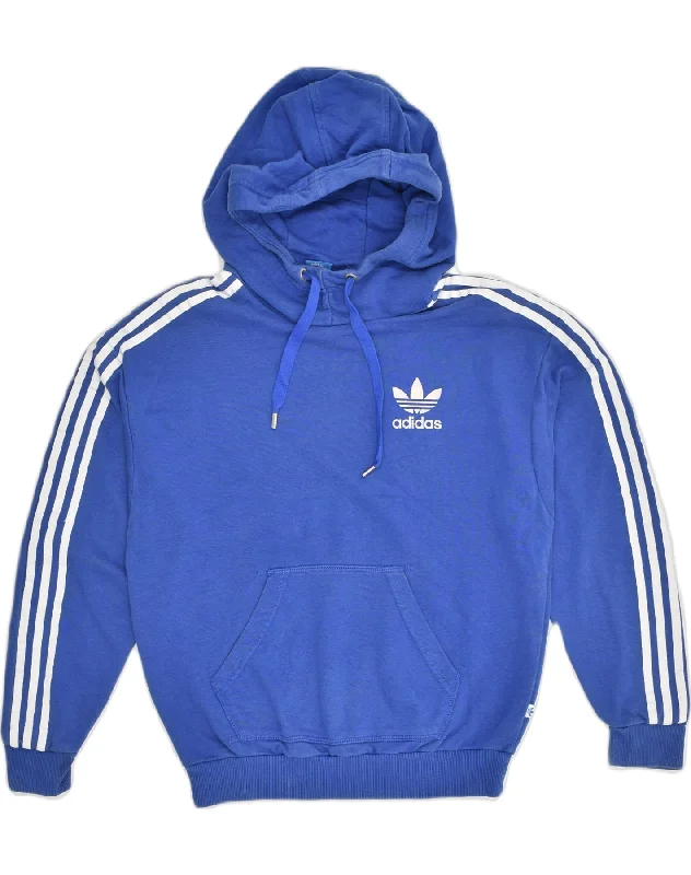 ADIDAS Womens Hoodie Jumper UK 10 Small Blue Cotton Hoodie with Hem Applique Textured Unique