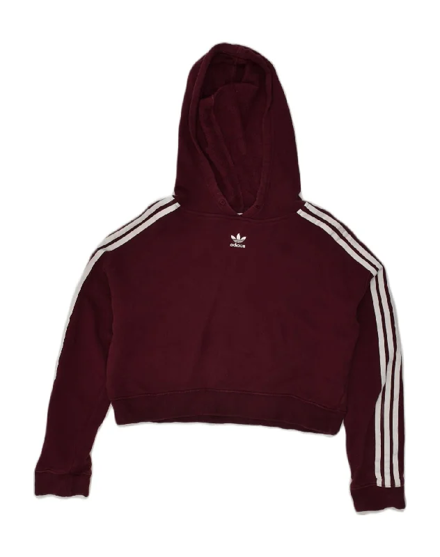 ADIDAS Womens Oversized Crop Hoodie Jumper UK 4 XS Burgundy Cotton Hoodie with Embroidery Detailed Premium ADIDAS Womens Oversized Crop Hoodie Jumper UK 4 XS Burgundy Cotton Hoodie with Embroidery Detailed Premium