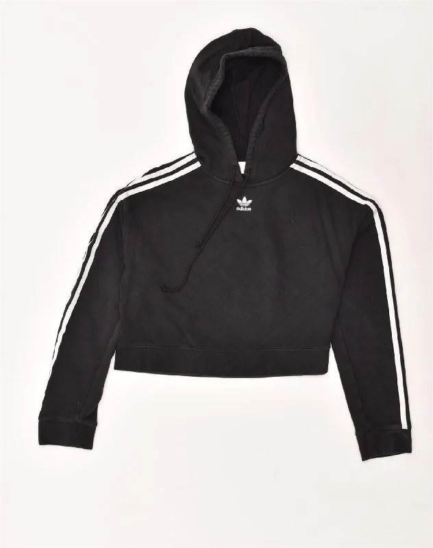 ADIDAS Womens Oversized Crop Hoodie Jumper UK 6 XS Black Cotton Hoodie with Ribbed Hem Stretchable Secure