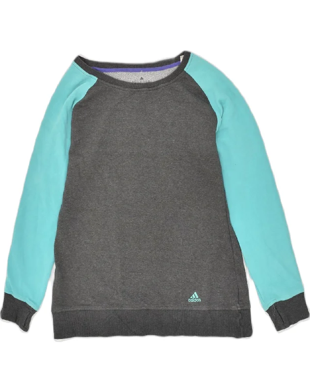 ADIDAS Womens Sweatshirt Jumper UK 14 Medium Grey Colourblock Cotton Hoodie with Hem Drawcord Adjustable Customizable