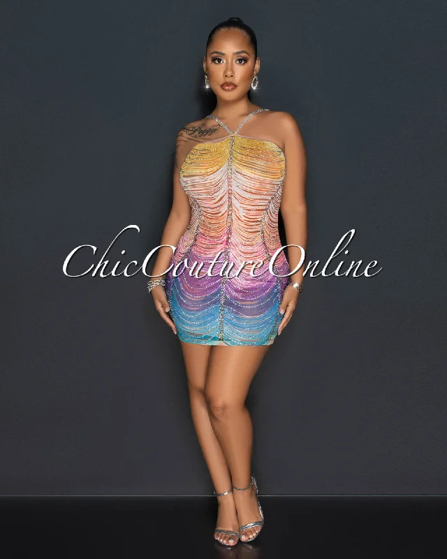 Barin Multi-Color Mesh Sheer Rhinestones Mini Dress Trendy Bodycon Mini Dress