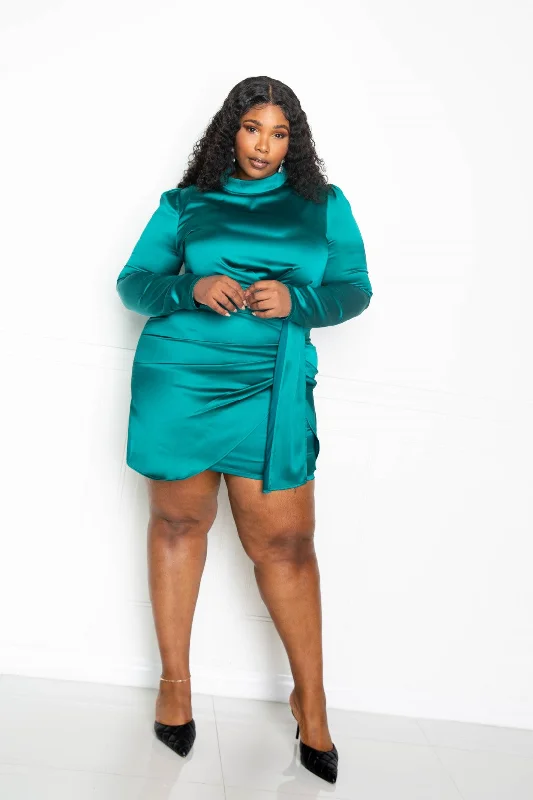 Plus Teal Satin Ruched Mini Dress Stylish Ribbed Mini Dress