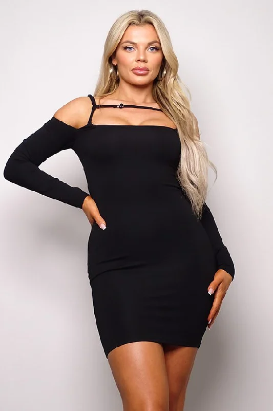 Black Cold Shoulder Long Sleeve Mini Dress Elegant Mini Dress with Ruffles