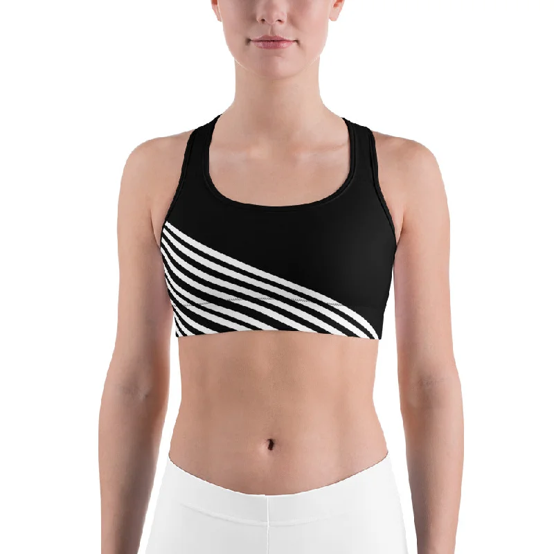 White Diagonal Striped Sports Bra, Black Stripe Print Women's Unpadded Bra-Made in USA/ EU Ultra-Light Bra