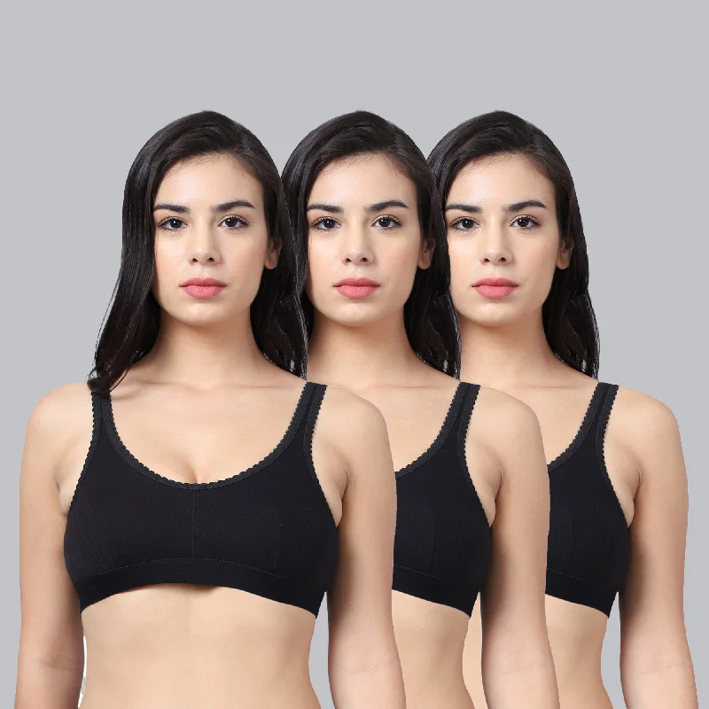 Vimal Jonney Cotton Black Non-Padded Non-Wired Sports Bra for Women (Pack of 3) Sleek Push-Up Bra