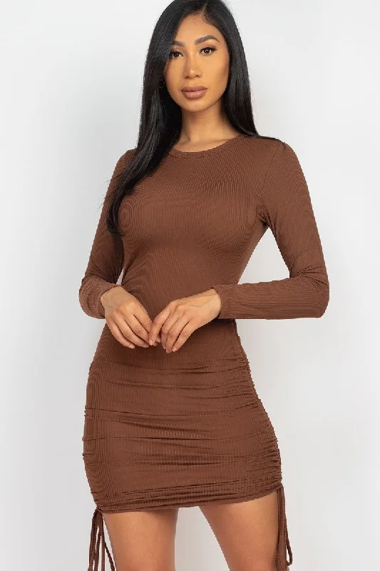 Brown Ruched Drawstring Rib Knit Long Sleeve Mini Dress Comfortable Linen Mini Dress