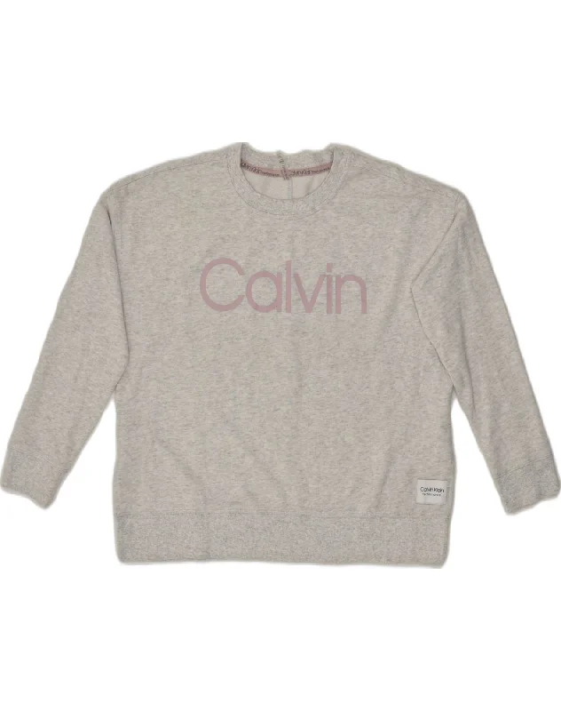 CALVIN KLEIN Womens Graphic Sweatshirt Jumper UK 14 Medium Grey Cotton Hoodie with Typography Text Message