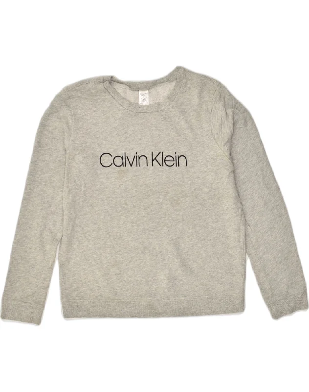 CALVIN KLEIN Womens Graphic Sweatshirt Jumper UK 14 Medium Grey Hoodie with Hem Fringe Bohemian Relaxed CALVIN KLEIN Womens Graphic Sweatshirt Jumper UK 14 Medium Grey Hoodie with Hem Fringe Bohemian Relaxed