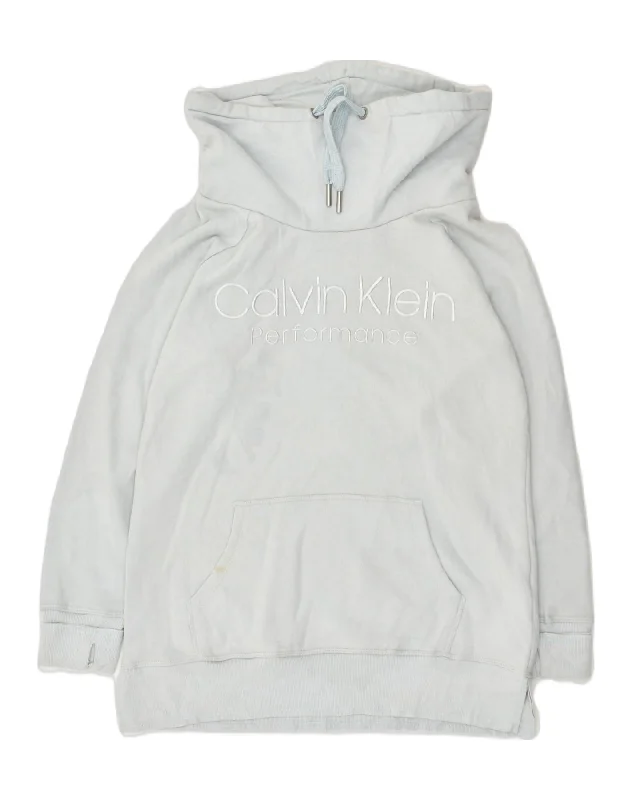 CALVIN KLEIN Womens Oversized Roll Neck Sweatshirt Jumper UK 10 Small Blue Hoodie with Typography Text Message