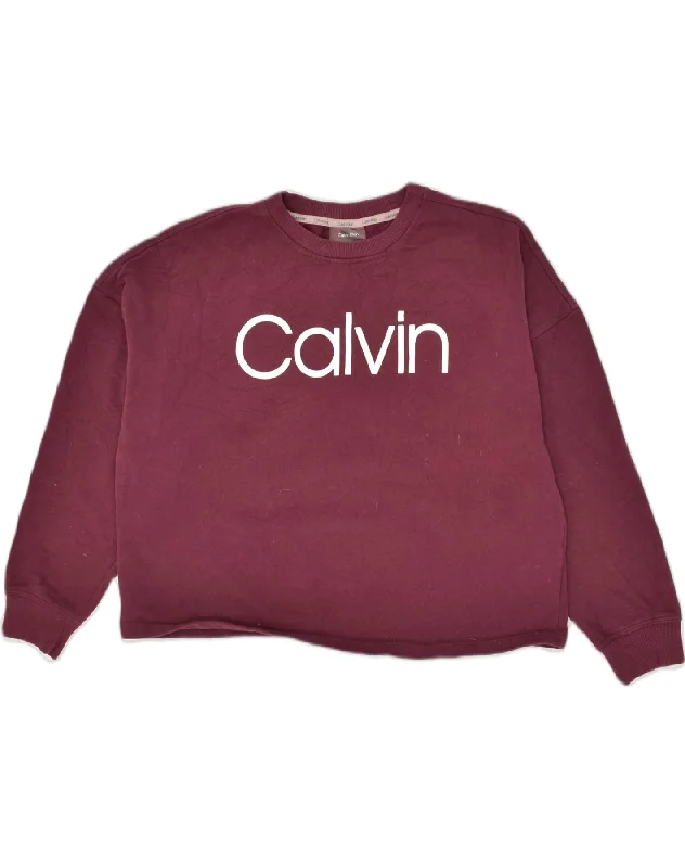 CALVIN KLEIN Womens Oversized Sweatshirt Jumper UK 14 Medium Maroon Cotton Hoodie with Hem Applique Textured Unique