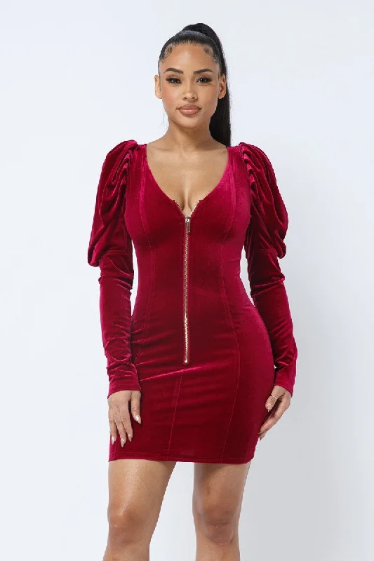 Wine Velvet Draped Puff Sleeve Mini Dress Fashionable Off-Shoulder Mini Dress