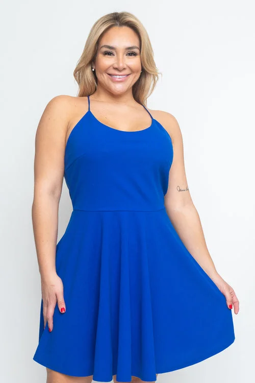 Plus Size Halter Skater Mini Dress with Low Criss Cross Back and Full Lining (CD21144P) Chic Pleated Mini Dress