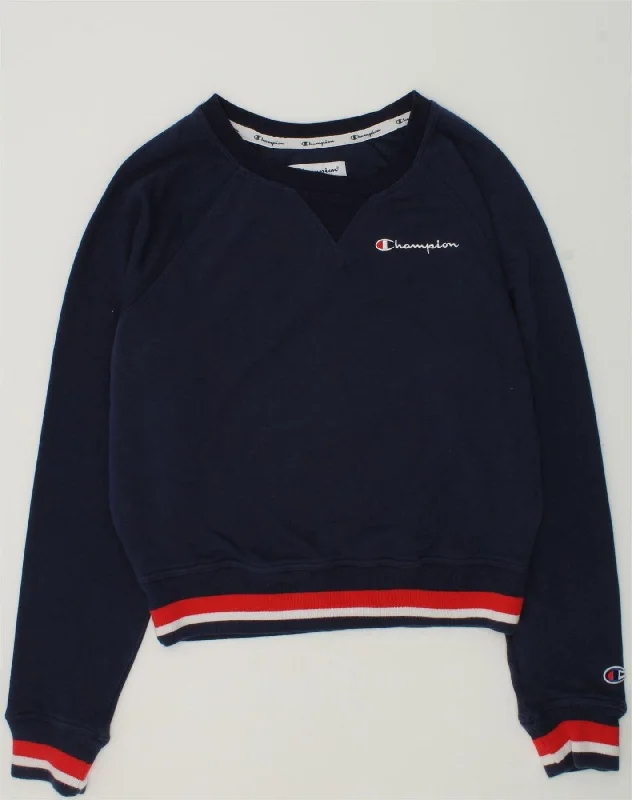 CHAMPION Womens Crop Sweatshirt Jumper UK 10 Small Navy Blue Cotton Hoodie with Elastic Waist Stretchable Comfortable