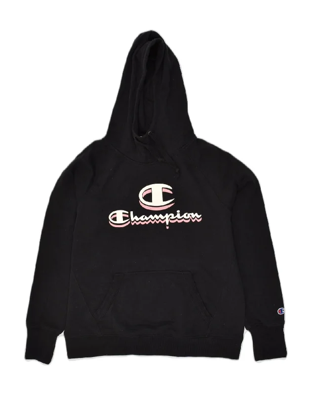 CHAMPION Womens Graphic Hoodie Jumper UK 10 Small Black Cotton Hoodie with Hidden Zipper Minimalist Clean