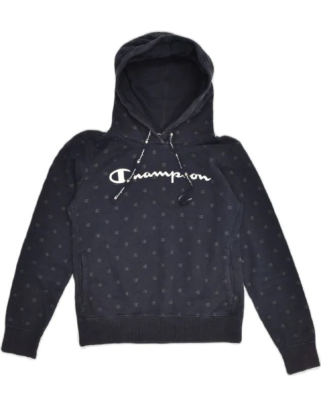 CHAMPION Womens Graphic Hoodie Jumper UK 10 Small Navy Blue Cotton Zip Hoodie Drawstring Kangaroo Pocket CHAMPION Womens Graphic Hoodie Jumper UK 10 Small Navy Blue Cotton Zip Hoodie Drawstring Kangaroo Pocket