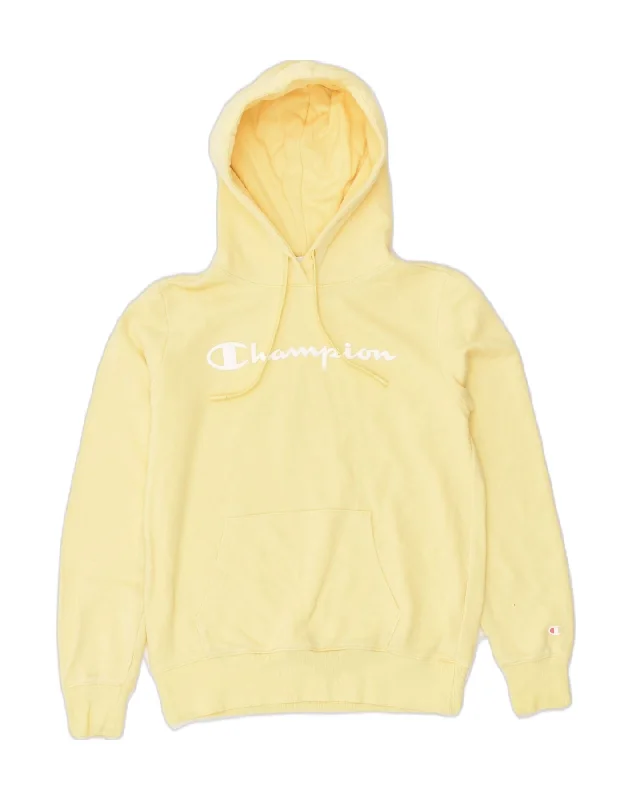 CHAMPION Womens Graphic Hoodie Jumper UK 10 Small Yellow Cotton Hoodie with Longline Fit Extended Stylish