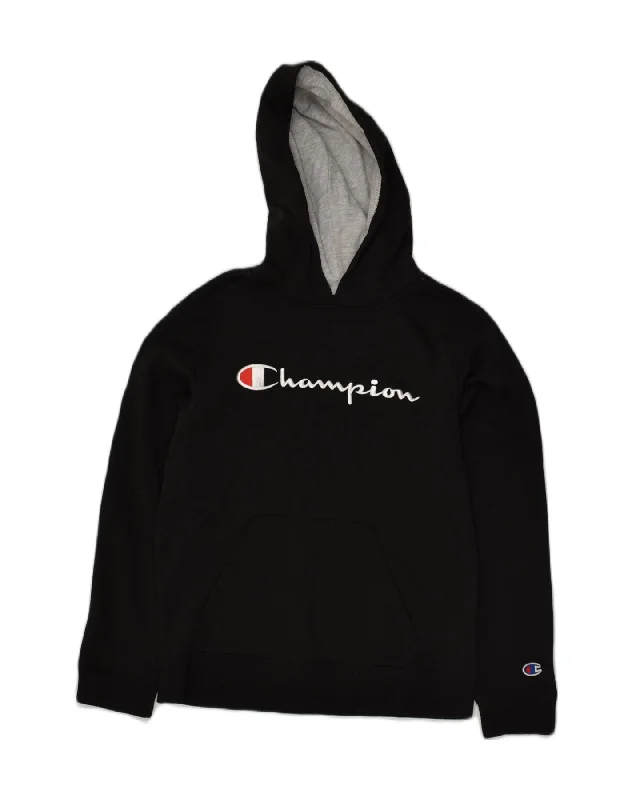 CHAMPION Womens Graphic Hoodie Jumper UK 14 Large Black Cotton Hoodie with Relaxed Fit Easy Casual