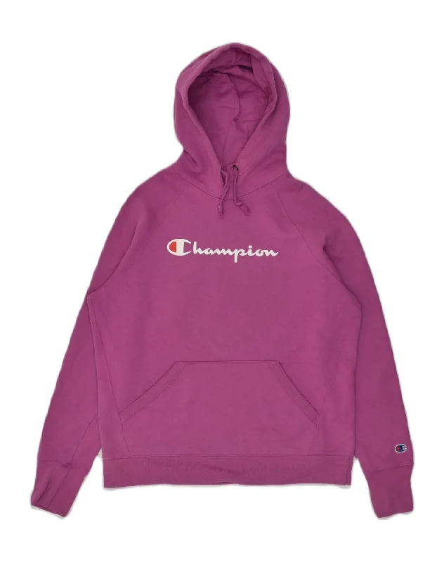 CHAMPION Womens Graphic Hoodie Jumper UK 14 Medium Purple Polyester Hoodie with Drawcord Adjustable Secure