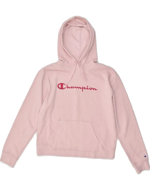 CHAMPION Womens Graphic Hoodie Jumper UK 16 Large Pink Cotton Hoodie with Contrast Stitching Detailed Premium