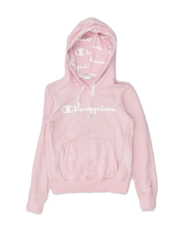 CHAMPION Womens Graphic Hoodie Jumper UK 6 XS Pink Cotton Hoodie with Belted Waist Structured Tailored