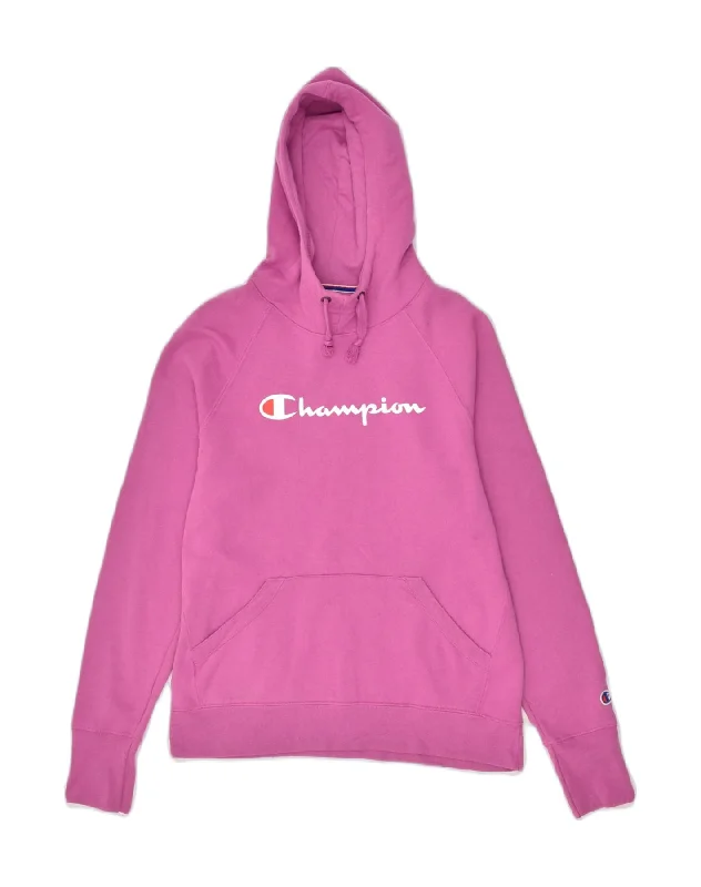 CHAMPION Womens Graphic Hoodie Jumper US 2 XS Pink Polyester Hoodie with Hem Embroidery Detailed Premium CHAMPION Womens Graphic Hoodie Jumper US 2 XS Pink Polyester Hoodie with Hem Embroidery Detailed Premium