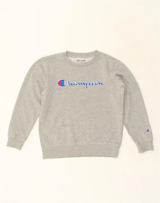 CHAMPION Womens Graphic Sweatshirt Jumper UK 12 Medium Grey Cotton Hoodie with Ribbed Hem Stretchable Secure