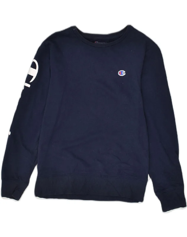 CHAMPION Womens Graphic Sweatshirt Jumper UK 12 Medium Navy Blue Cotton Hoodie with Monochrome Minimalist Simple CHAMPION Womens Graphic Sweatshirt Jumper UK 12 Medium Navy Blue Cotton Hoodie with Monochrome Minimalist Simple
