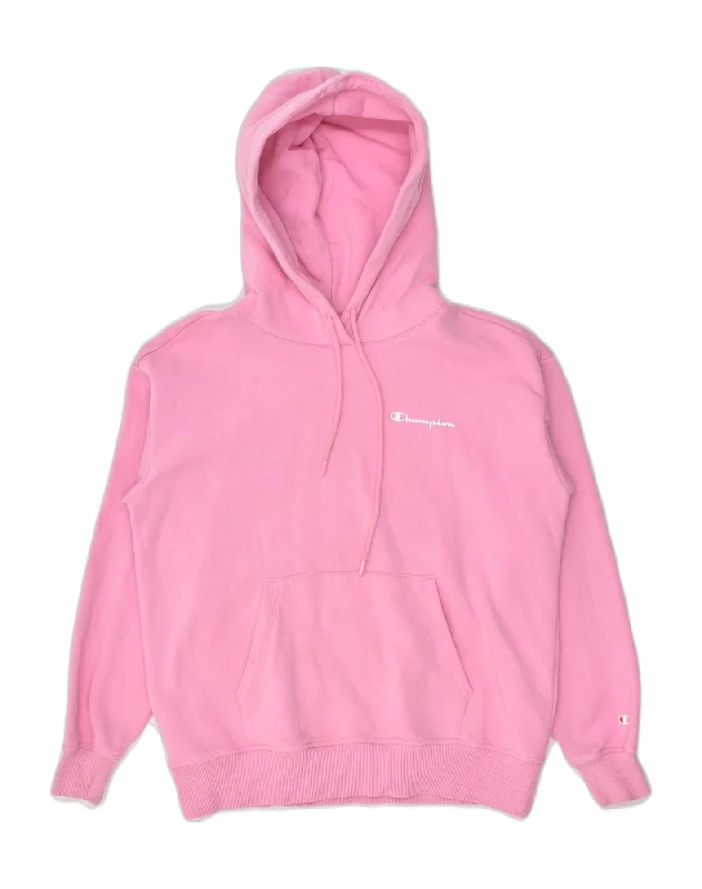 CHAMPION Womens Hoodie Jumper UK 10 Small Pink Cotton Hoodie with Side Slits Relaxed Casual