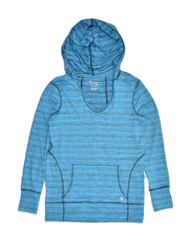 CHAMPION Womens Hoodie Jumper UK 12 Medium Blue Striped Polyester Hoodie with Color Block Contrast Stylish