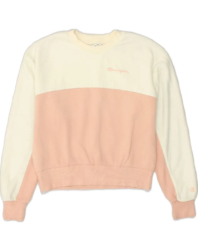 CHAMPION Womens Loose Fit Sweatshirt Jumper UK 14 Medium Beige Colourblock Hoodie with Rhinestones Sparkly Elegant