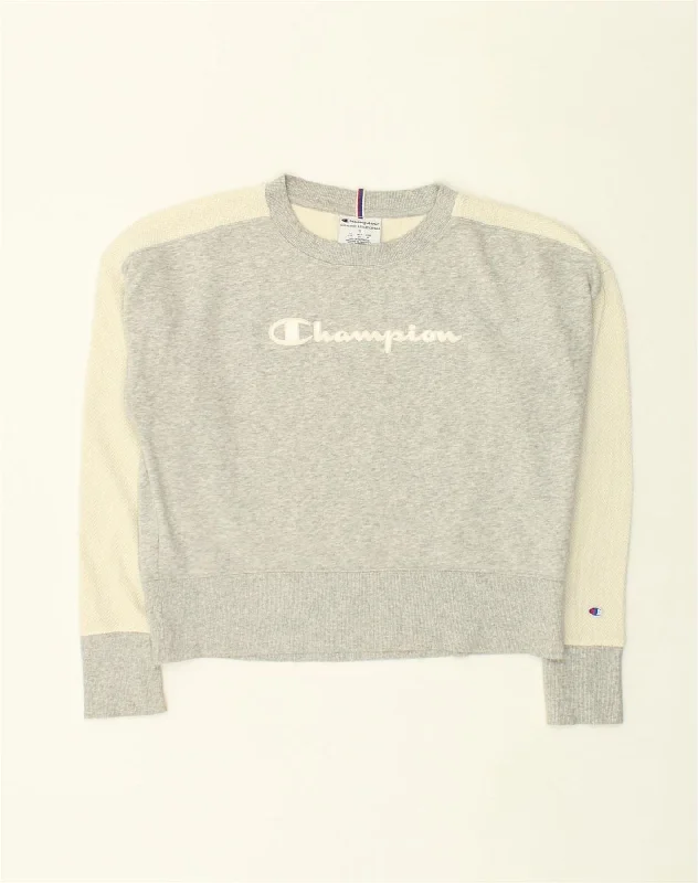 CHAMPION Womens Sweatshirt Jumper UK 10 Small Grey Colourblock Cotton Hoodie with Metallic Shiny Futuristic