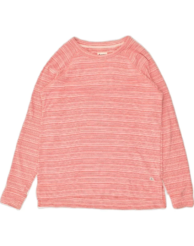 CHAMPION Womens Tall Sweatshirt Jumper UK 16 Large Pink Striped Cotton Hoodie with Slim Fit Tailored Modern