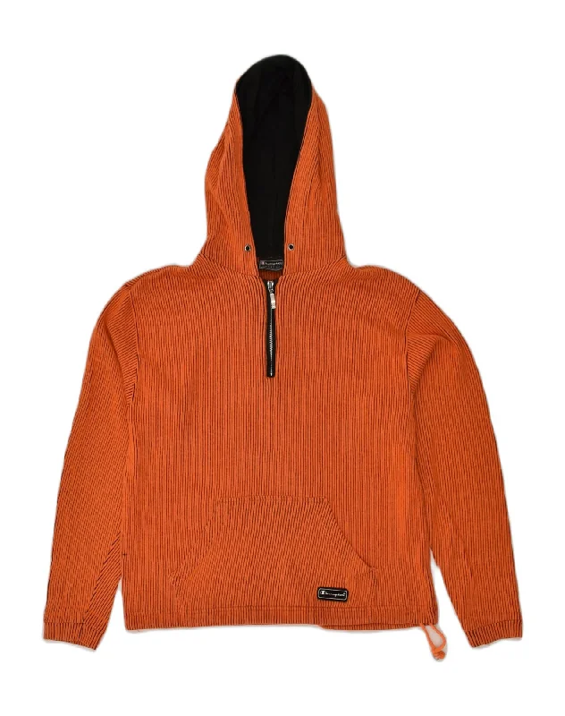 CHAMPION Womens Zip Neck Hoodie Jumper UK 16 Large Orange Striped Cotton Hoodie with Hem Detail Decorative Unique CHAMPION Womens Zip Neck Hoodie Jumper UK 16 Large Orange Striped Cotton Hoodie with Hem Detail Decorative Unique