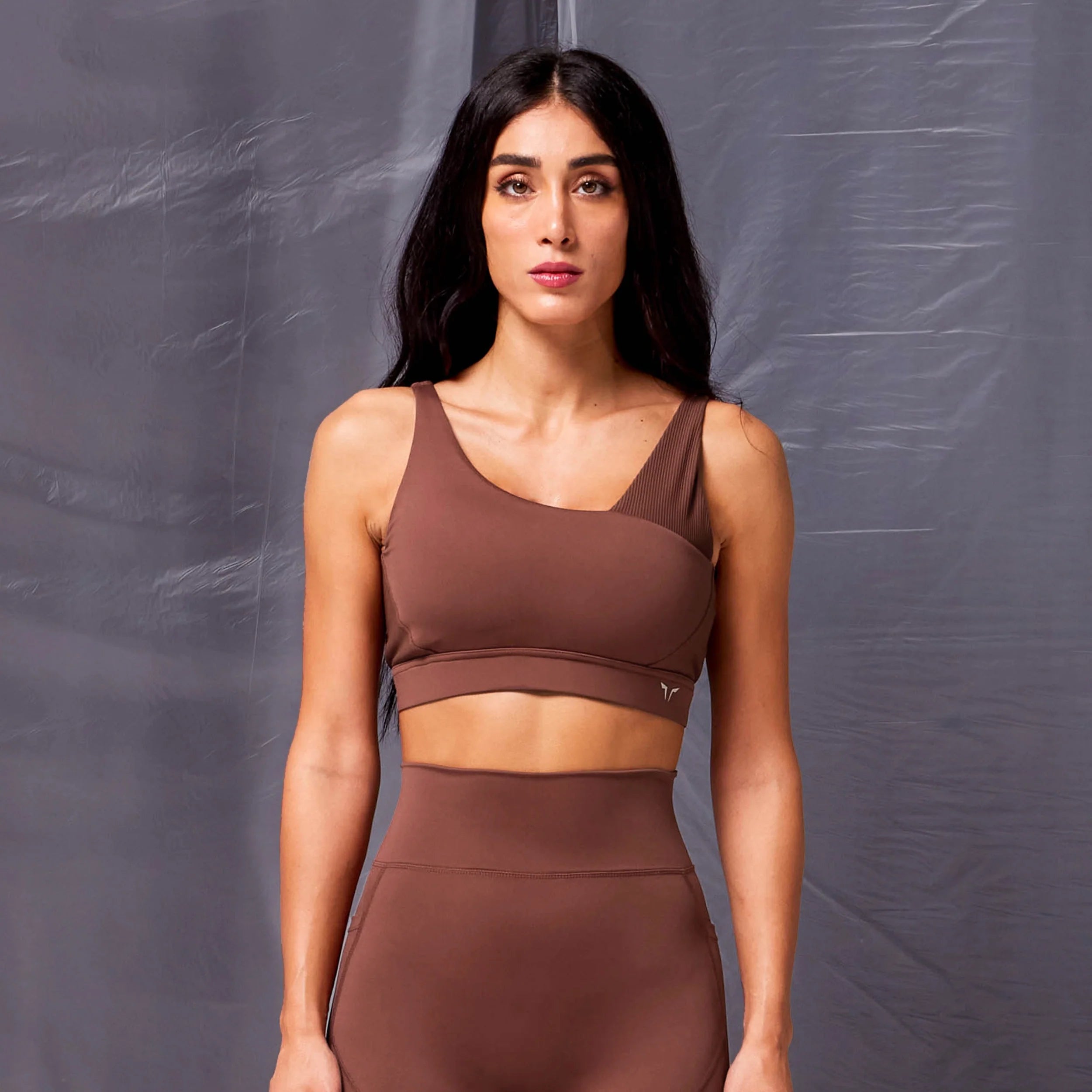 Code Ribbed Asymmetric Bra - Cappuccino Soft Mesh Bra