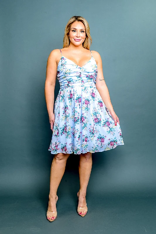 Plus Size 'Tea Party' Floral Print Spaghetti Strap V Neck Ruched A-Line Mini Dress* (CD40067P) Comfortable Zip-Up Mini Dress