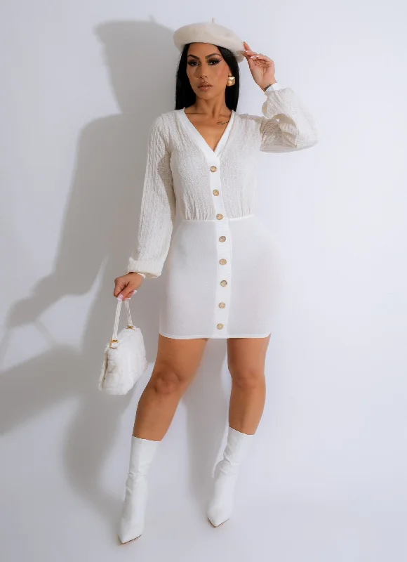 Cozy Day Knitted Mini Dress White Casual Button-Up Mini Dress