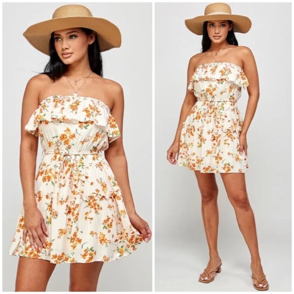 Cream Orange Floral Print Ruffle Trim Strapless Tube Casual Summer Mini Dress Trendy Wraparound Mini Dress