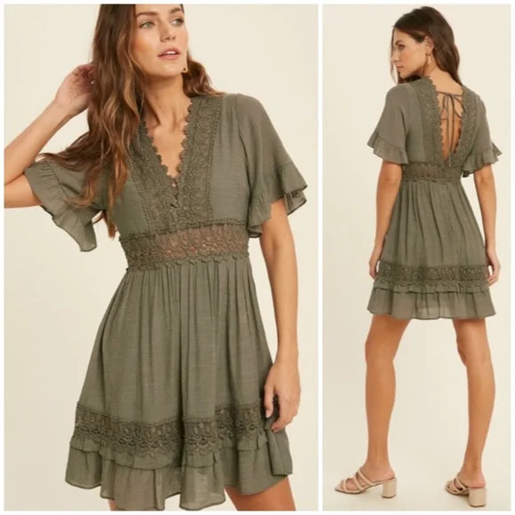 Dainty Olive Green Bohemian Crochet Lace Trim Ruffle Short Sleeve Mini Dress Fashionable A-Line Mini Dress