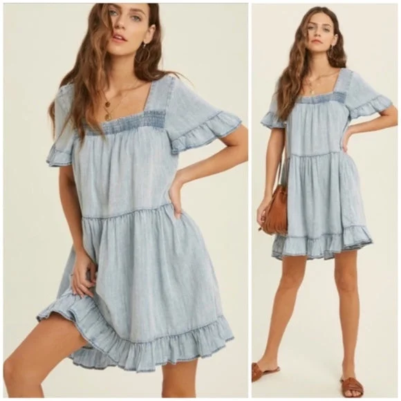 Denim Tencel Square Neck Short Sleeve Ruffle Trim Babydoll Casual Mini Dress Stylish Sweetheart Mini Dress