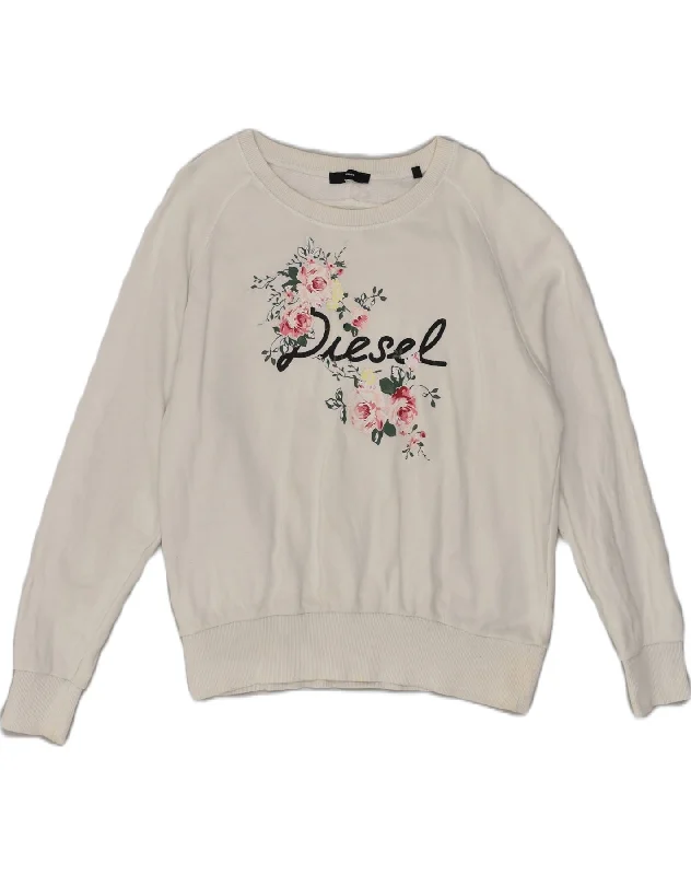 DIESEL Womens Graphic Sweatshirt Jumper UK 10 Small Off White Floral Hoodie with Pocket Utility Practical DIESEL Womens Graphic Sweatshirt Jumper UK 10 Small Off White Floral Hoodie with Pocket Utility Practical