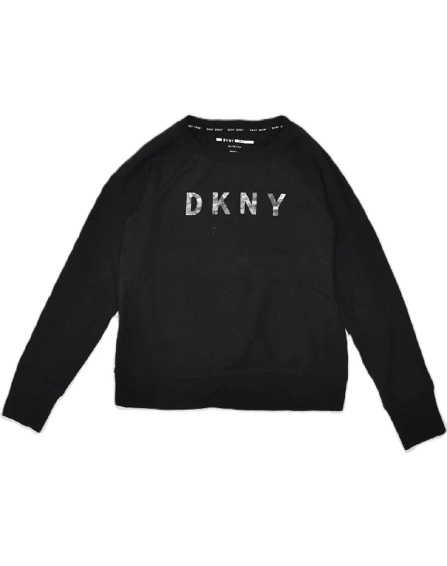 DKNY Womens Graphic Sweatshirt Jumper UK 6 XS Black Cotton Hoodie with Frayed Bohemian Relaxed DKNY Womens Graphic Sweatshirt Jumper UK 6 XS Black Cotton Hoodie with Frayed Bohemian Relaxed