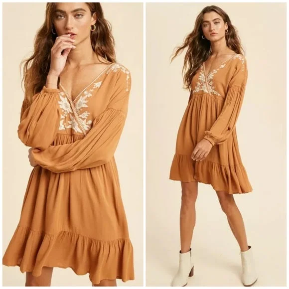 Earthen Boho Surplice Wrap Floral Embroidered Long Sleeve Ruffed Hem Mini Dress Elegant Off-Shoulder Dress Mini