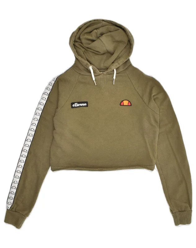 ELLESSE Womens Crop Graphic Hoodie Jumper UK 6 XS Khaki Cotton Graphic Hoodie Design Print ELLESSE Womens Crop Graphic Hoodie Jumper UK 6 XS Khaki Cotton Graphic Hoodie Design Print