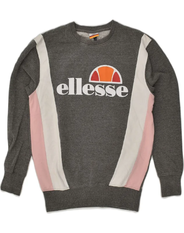 ELLESSE Womens Graphic Sweatshirt Jumper UK 10 Small Grey Colourblock Hoodie with Logo Branding Identity