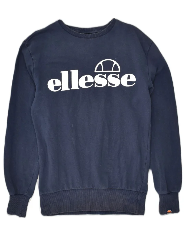 ELLESSE Womens Graphic Sweatshirt Jumper UK 8 Small Navy Blue Cotton Hoodie with Set-In Sleeves Structured Classic ELLESSE Womens Graphic Sweatshirt Jumper UK 8 Small Navy Blue Cotton Hoodie with Set-In Sleeves Structured Classic