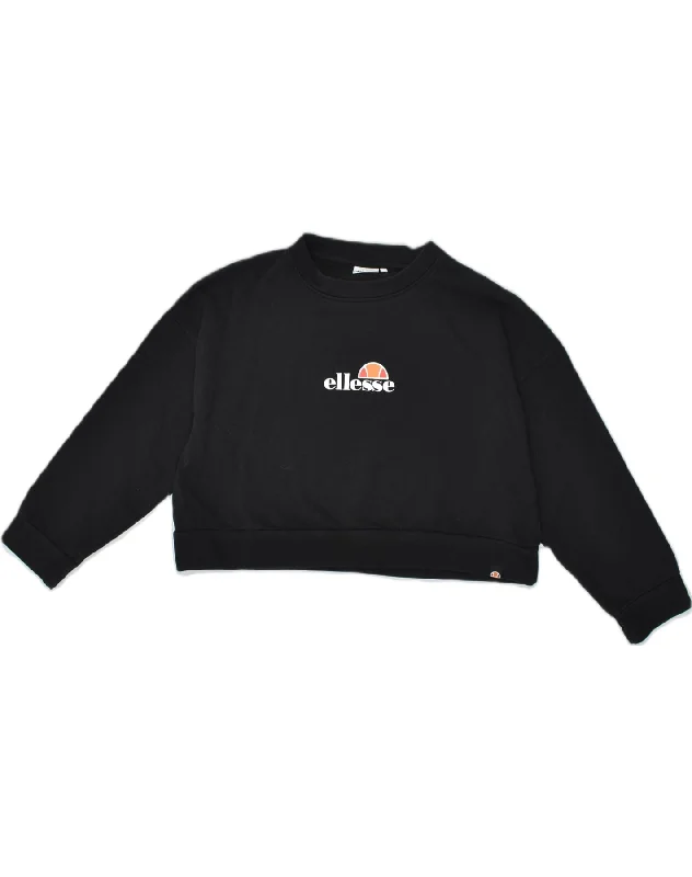 ELLESSE Womens Oversized Graphic Sweatshirt Jumper UK 6 XS Black Cotton Hoodie with Velcro Closure Adjustable Secure