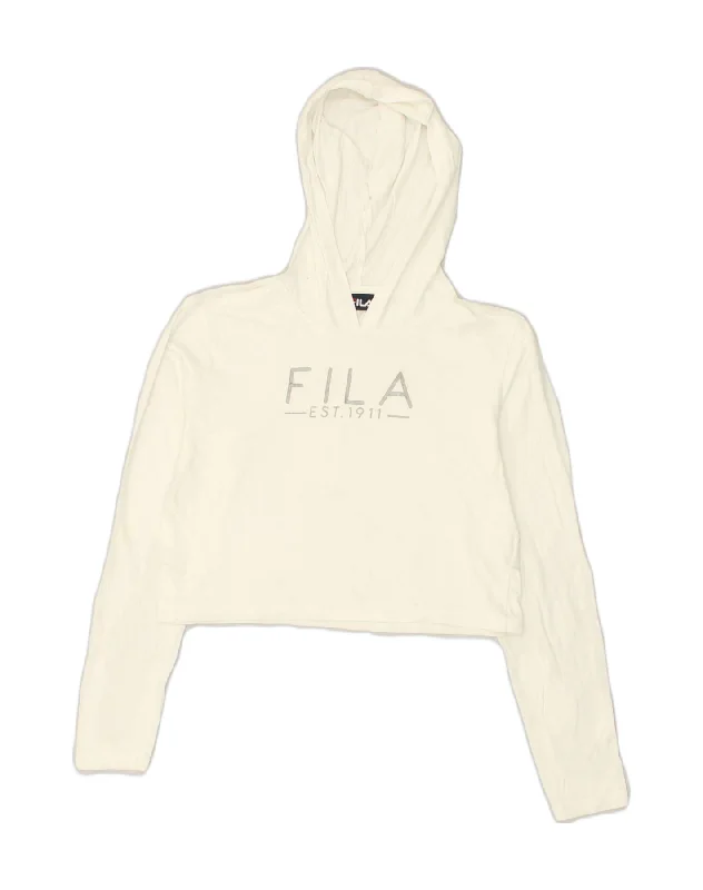 FILA Womens Crop Graphic Hoodie Jumper UK 14 Medium White Cotton Hoodie with Oversized Fit Loose Comfortable FILA Womens Crop Graphic Hoodie Jumper UK 14 Medium White Cotton Hoodie with Oversized Fit Loose Comfortable