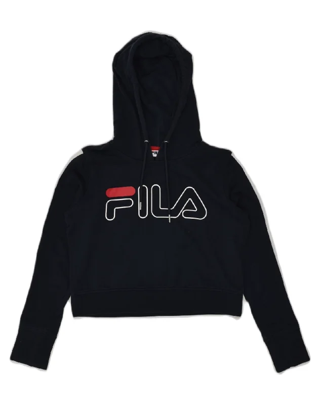 FILA Womens Crop Graphic Hoodie Jumper UK 6 XS Navy Blue Cotton Hoodie Dress Longline Feminine